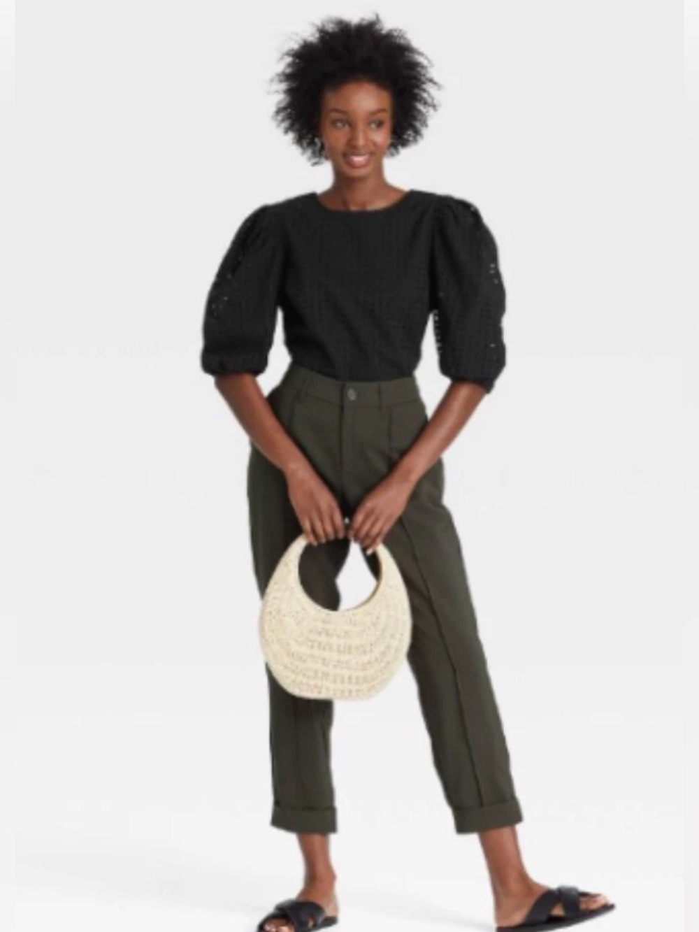 a new day Black Puff-Sleeve Eyelet Blouse